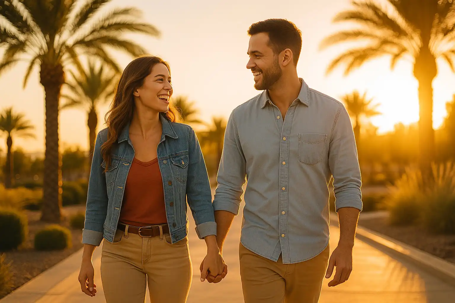 Couple walking together at sunset among palm trees in Las Vegas