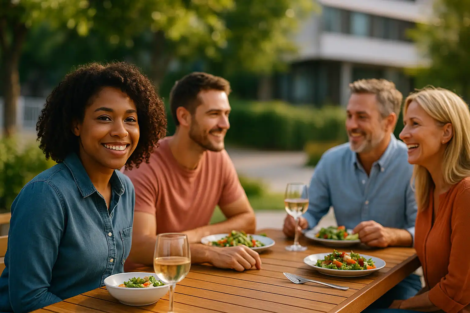 Friends enjoying a meal together outdoors