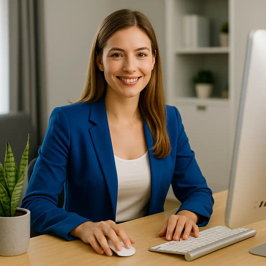 Friendly leasing agent at a desk ready to help